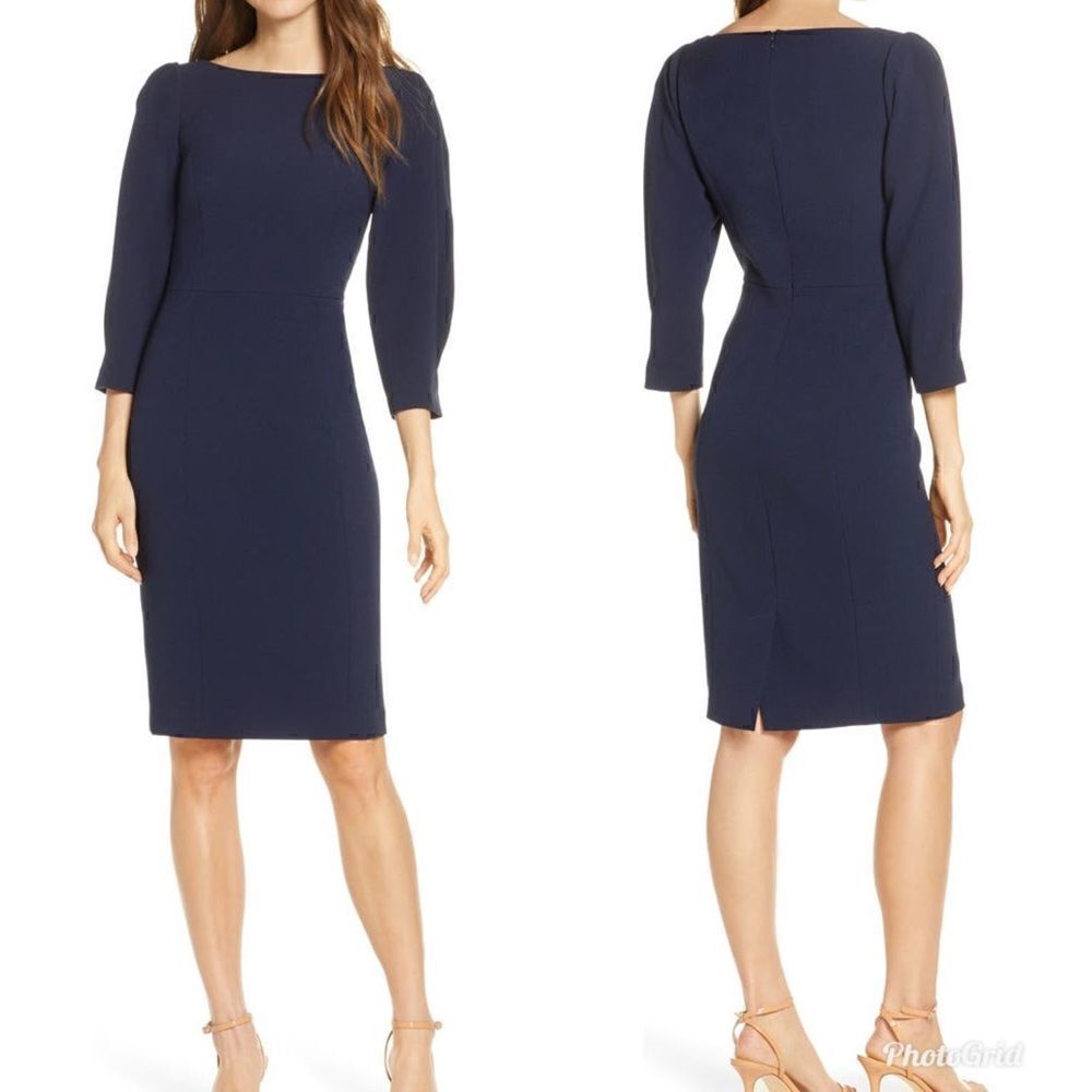 Revolve ELIZA J Pleated Sleeve Sheath Navy Blue Midi Dress